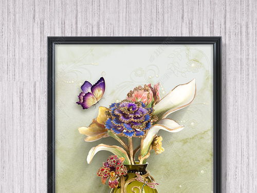 创意3D立体珠宝花瓶插花金色线条蝴蝶玄关壁画图片素材 效果图下载 