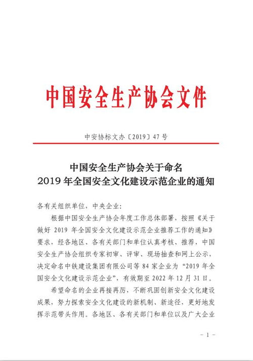 六安北中心荣获 2019年全国安全文化建设示范企业 称号