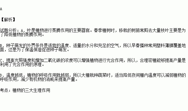 对下列农业生产上的措施解释不正确的是 A.春季植树时.移栽的树苗常剪去大量枝叶主要是为了降低植物的呼吸作用B.早春播种常用塑料薄膜覆盖地面.这是为了保温保湿促进种子萌发 