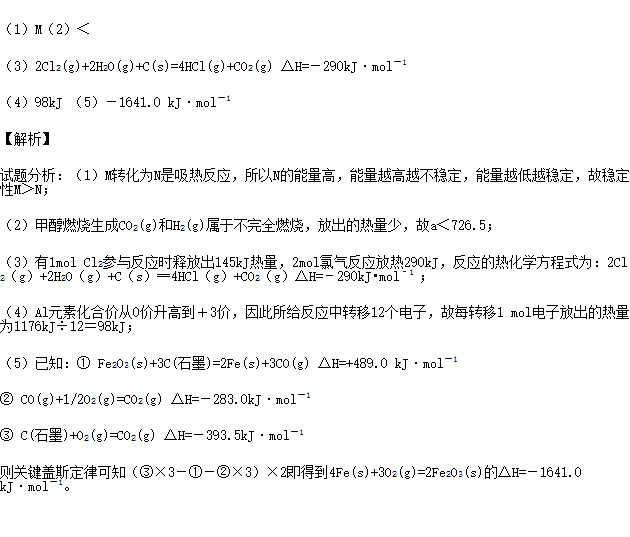 碳是形成化合物种类最多的元素.其单质及化合物是人类生产生活的主要能源物质.请回答下列问题 1 有机物M经过太阳光光照可转化成N.转化过程如下 则M.N相比.较稳定的是 