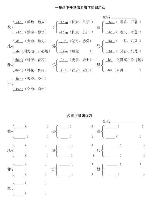 部编一年级下册多音字汇总 