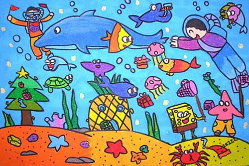海洋世界儿童画图片 鱼儿的一家