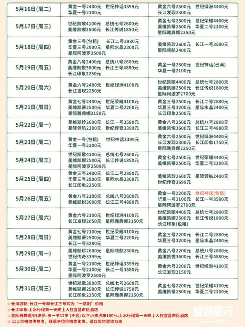 长江三峡豪华游轮5月最新船期表价格 