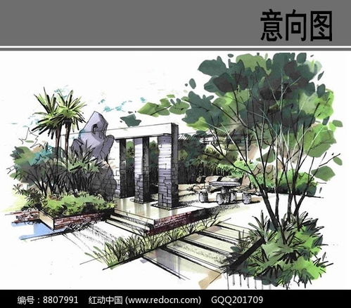 中式小庭院手绘