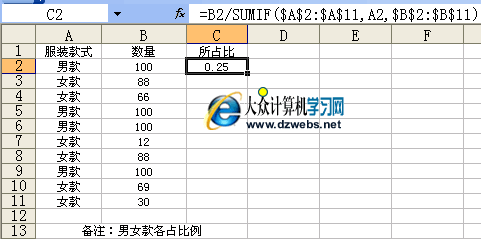 Microsoft Excel中计算所占比例.