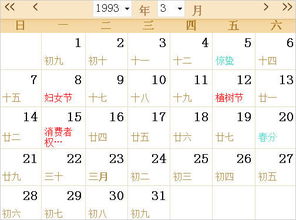 1993全年日历农历表 
