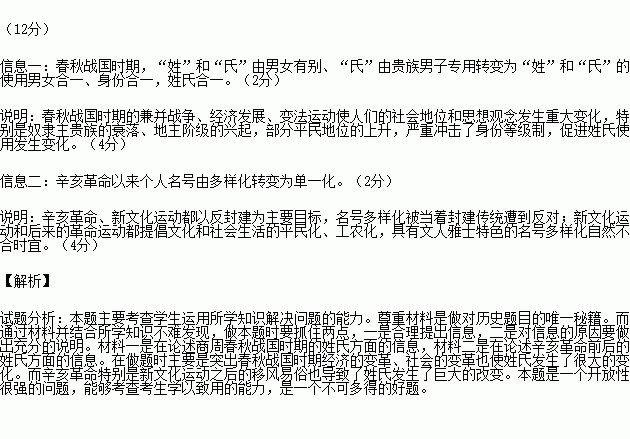 阅读下列材料.回答问题 材料一 在商周时期.姓和氏是有严格区别的. 姓 原于氏族.同一氏族的后代.属于同一个姓. 姓 具有 别婚姻 的作用.同姓不能结婚.但是 