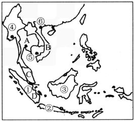 读东南亚图.回答下列问题 1 填出图中字母所代表的地理事物名称 ①是 , ②是 , ③是 , ④是 , ⑤是 , ⑥是 . 2 在图中字母所代表的国家中.出产天然橡胶最多的国家是 