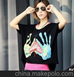 2012韩版女 圆领蝙蝠袖撞色手掌印花图案前短后长燕尾宽大短袖T恤 