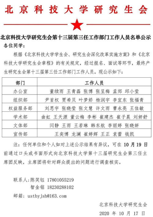 通知丨北京科技大学研究生会第十三届第三任工作部门工作人员名单公示