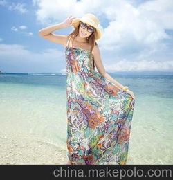 夏韩版女装雪纺连衣裙抹胸波西米亚长裙花色吊带大摆拖地沙滩裙