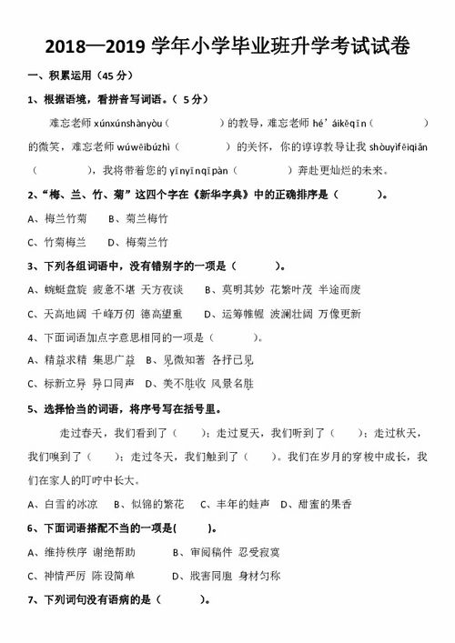 2018 2019学年小学毕业语文考试卷 无答案 