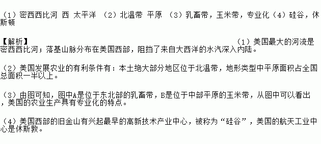 读美国农业带分布图.回答下列问题. 1 美国最大的河流是 ,落基山脉分布在美国 部.阻挡了来自 洋的水汽深入内陆. 2 美国发展农业的有利条件有 本土绝大部分地区位于 