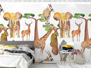 北欧风水彩手绘非洲动物背景墙壁纸壁画图片素材 效果图下载 