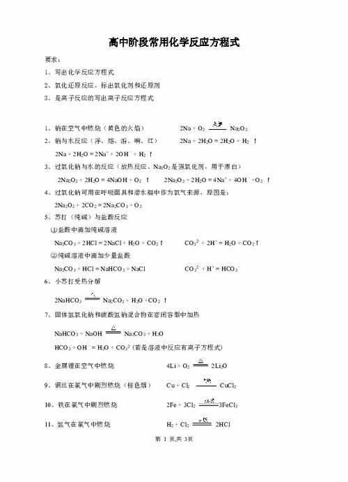 必修一化学方程式汇总免费文档