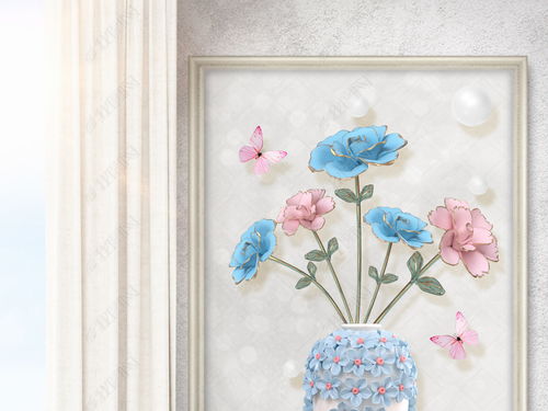 3D立体浮雕花卉花瓶蝴蝶花朵玄关背景墙图片素材 效果图下载 