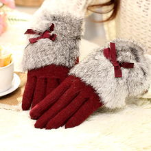 雪豪 冬季女士羊毛手套 蝴蝶结韩国保暖短款骑车可爱兔毛羊绒手套