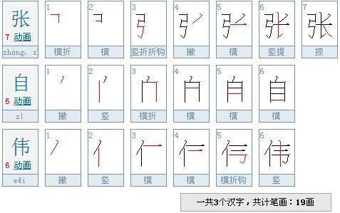 张自伟总共有多少笔画 