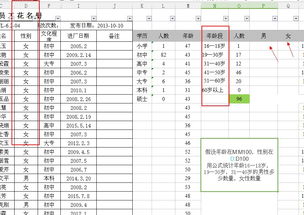 表格用公式统计年龄16 18岁,19 30岁,31 40岁的男性多少数量,女性数量 急需要悬赏 如下图 