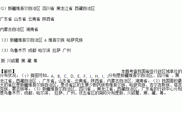 读 中国行政区域图 .回答问题. 1 写出图中字母所代表的省级行政区的名称.A B C D E F G H I J 2 我国面积最大的省区是 .是图中字母 .该省区的主要少数民族有 