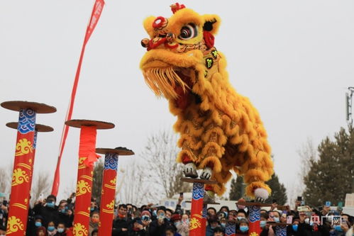 2月15日,博湖县举行欢庆元宵民俗社火表演,狮子在梅花桩上表演。(    摄) 